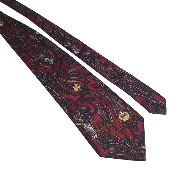Looney Tunes Mania Bugs Bunny Tasmanian Devil Paisley Necktie Red Purple Vintage - Picture 1 of 5